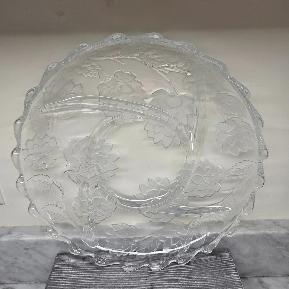 Vintage Crystal Clear Studios Divided Platter Frosted‎ Chrysanthemum, 13x13x1.75